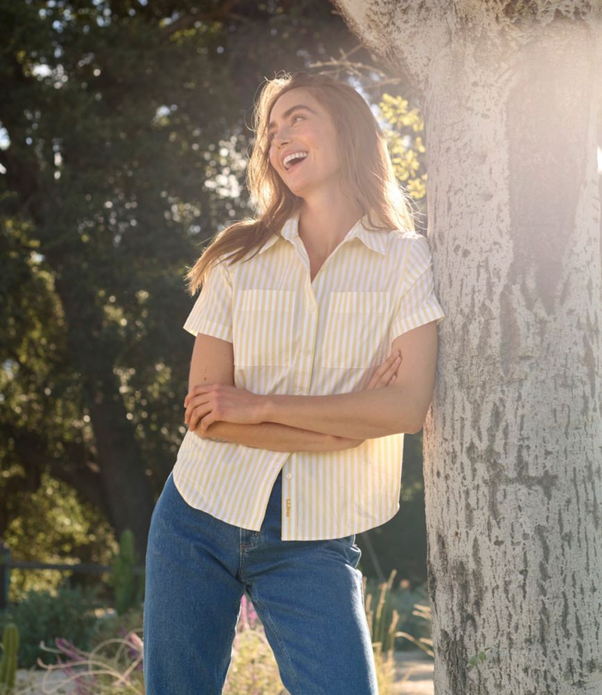 Women's Essential Cotton Poplin Shirt, Short-Sleeve, Arctic Blue Stripe, small image number 5