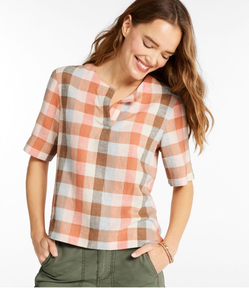 Women's Signature Linen-Blend Splitneck Shirt, Short-Sleeve