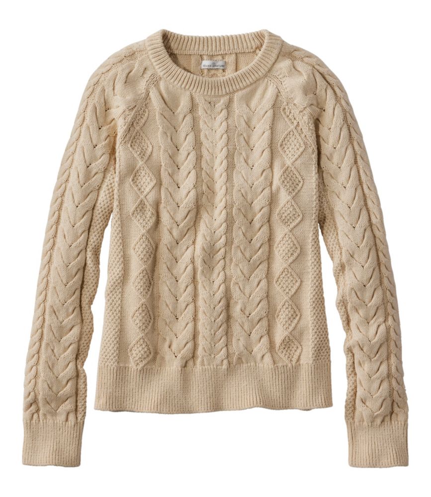 Women's Signature Classic Fisherman Sweater, Crewneck, Beige, small image number 1