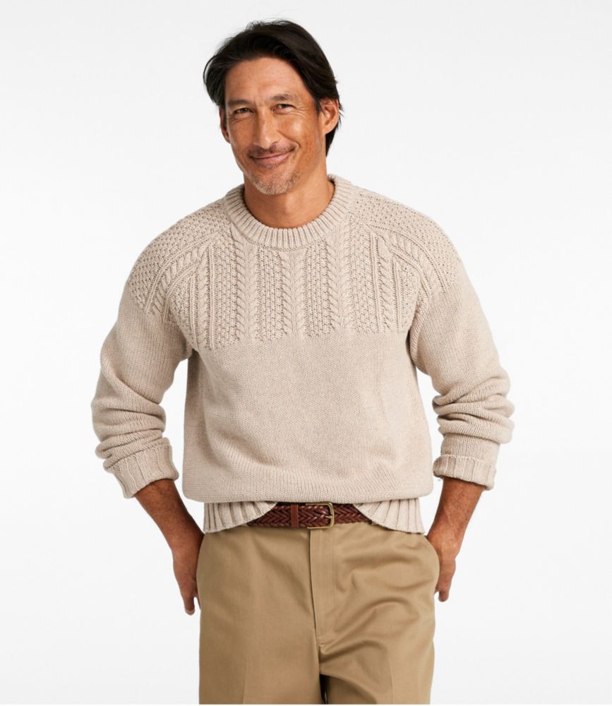 Men's Signature Cotton Fisherman Sweater, Yoke Crewneck, Oatmeal Heather, small image number 2