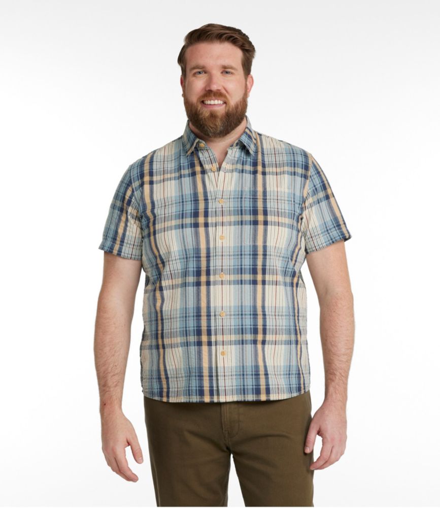 Men's Signature Seersucker Madras Shirt, Slightly Fitted, Short-Sleeve, Iron Blue, small image number 4
