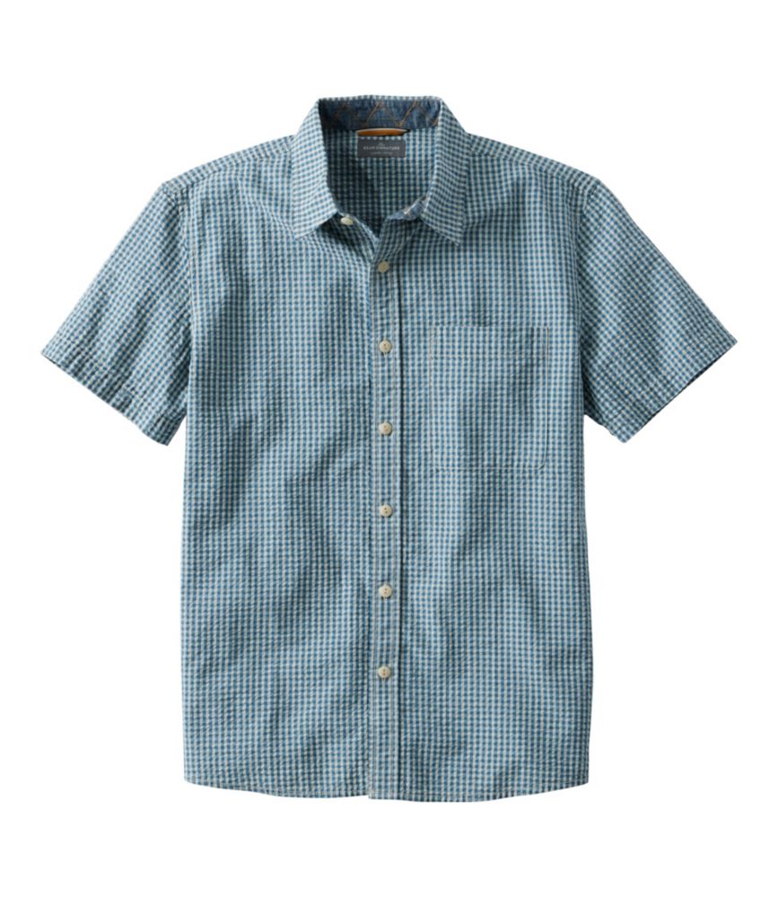 Men's Signature Seersucker Madras Shirt, Slightly Fitted, Short-Sleeve, Iron Blue, small image number 1