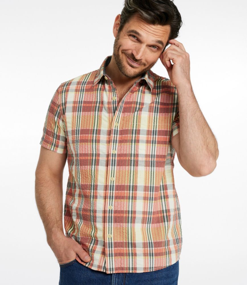 Men's Signature Seersucker Madras Shirt, Slightly Fitted, Short-Sleeve