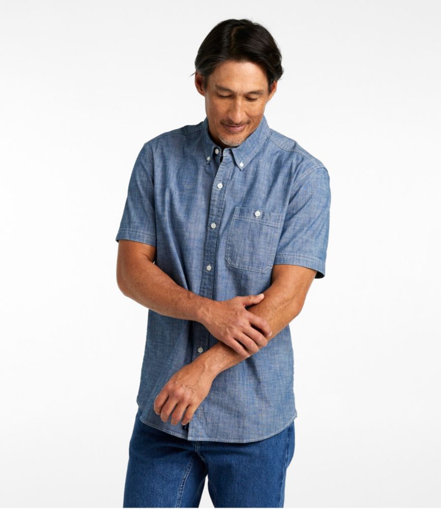 Men's Comfort Stretch Chambray Shirt, Slightly Fitted Untucked Fit, Short-Sleeve, Clover, small image number 2