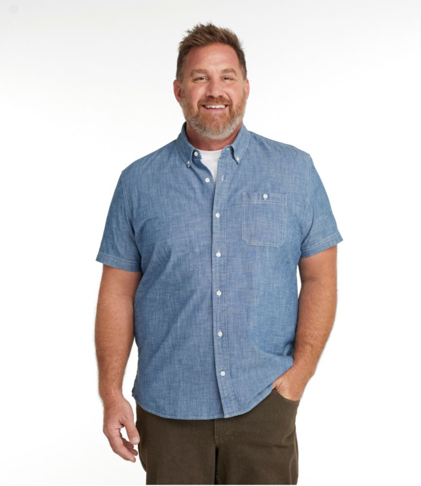 Men's Comfort Stretch Chambray Shirt, Slightly Fitted Untucked Fit, Short-Sleeve, Clover, small image number 4