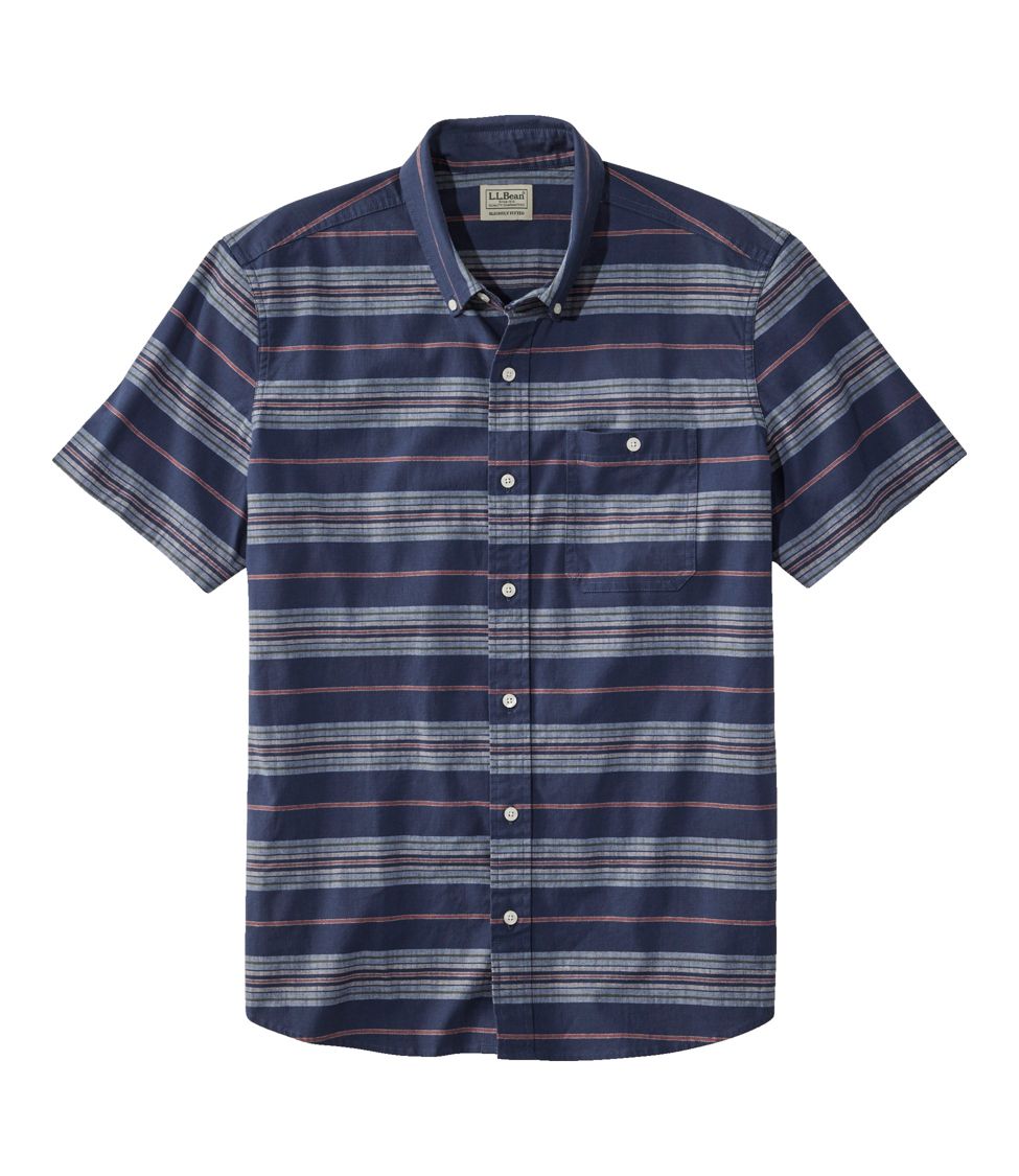Men's Comfort Stretch Chambray Shirt, Slightly Fitted Untucked Fit, Short-Sleeve, Stripe Dark Indigo XXXL, Cotton Blend | L.L.Bean