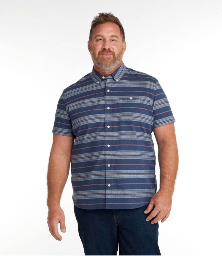 Men's Comfort Stretch Chambray Shirt, Slightly Fitted Untucked Fit, Short-Sleeve, Stripe