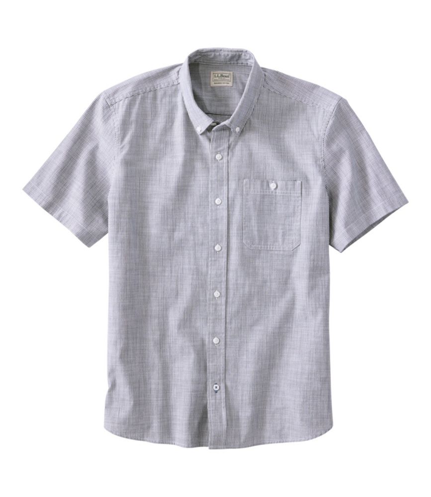 Men's Comfort Stretch Chambray Shirt, Slightly Fitted Untucked Fit, Short-Sleeve, Stripe, Classic Navy, small image number 1