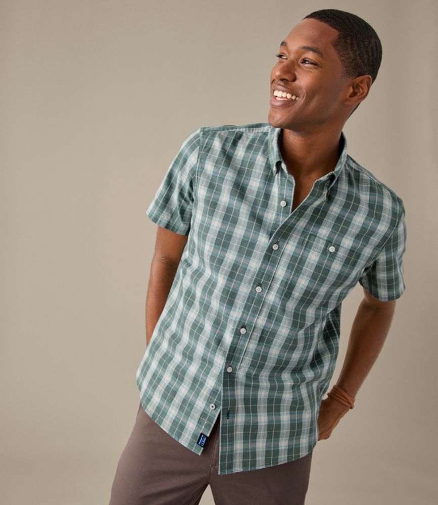 Men's Comfort Stretch® Chambray Shirt, Slightly Fitted Untucked Fit, Short-Sleeve, Plaid
