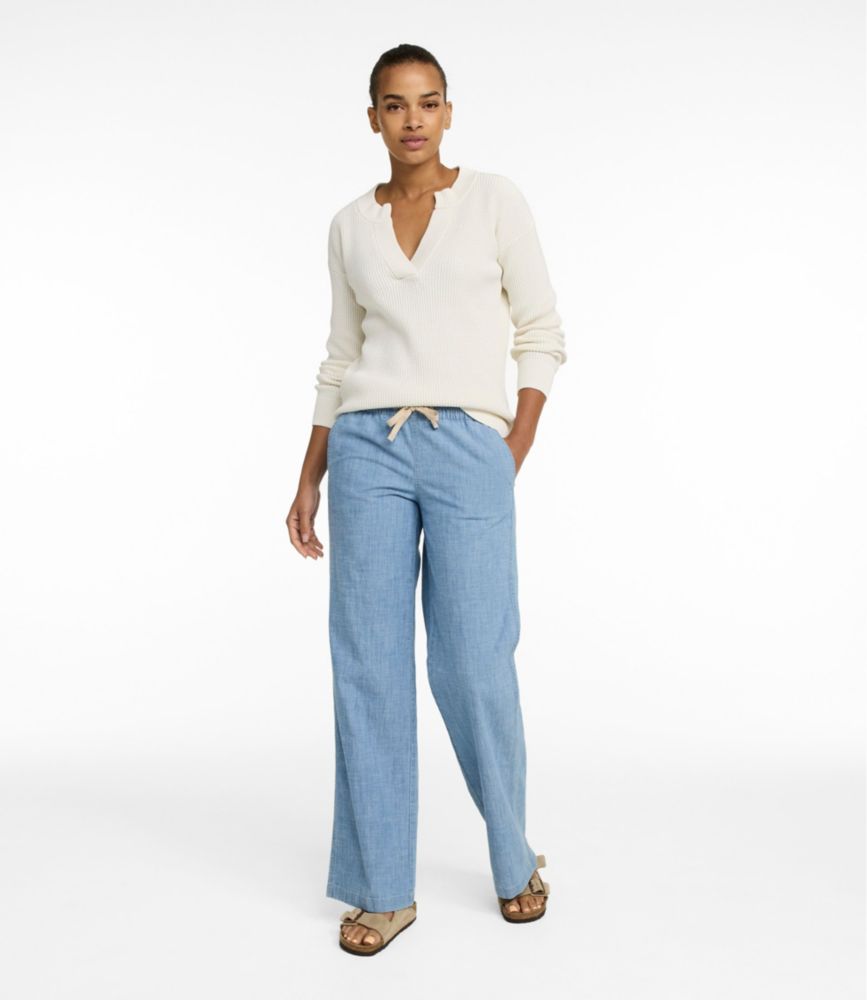 Women's Lakewashed Pull-On Chinos, Mid-Rise Wide-Leg Chambray