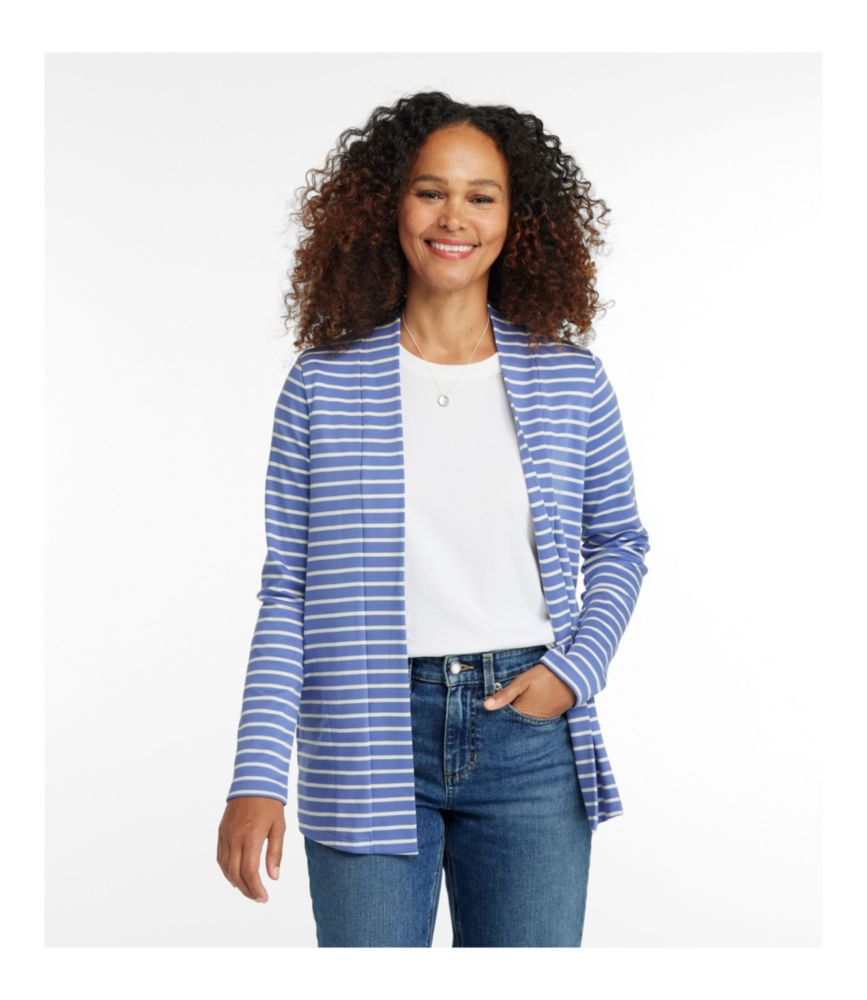 Women's Pima Cotton Open Cardigan, With Pockets Stripe, Cream/Raven Blue, small image number 2