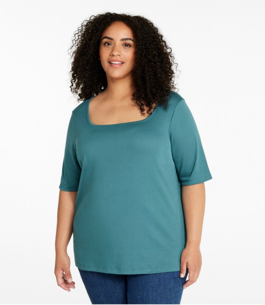Women's Pima Cotton Tee, Soft Squareneck Elbow-Sleeve, Lake, small image number 2