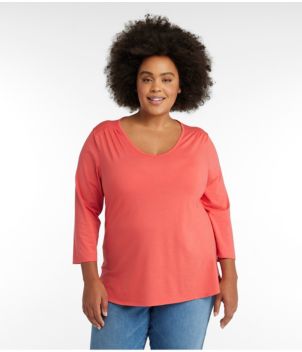 Women's Soft Stretch Supima-Blend Tee, Three-Quarter-Sleeve V-Neck