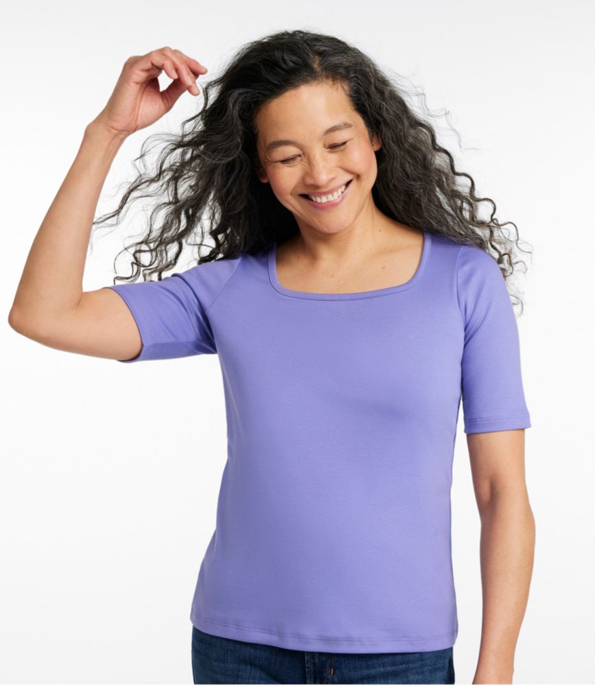 Women's Pima Cotton Tee, Soft Squareneck Elbow-Sleeve