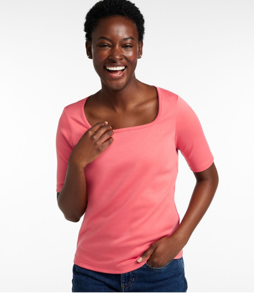 Women's Pima Cotton Tee, Soft Squareneck Elbow-Sleeve