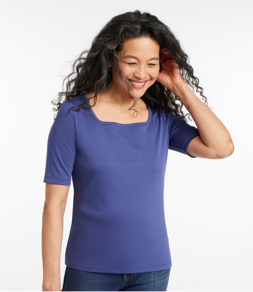 Women's Pima Cotton Tee, Soft Squareneck Elbow-Sleeve