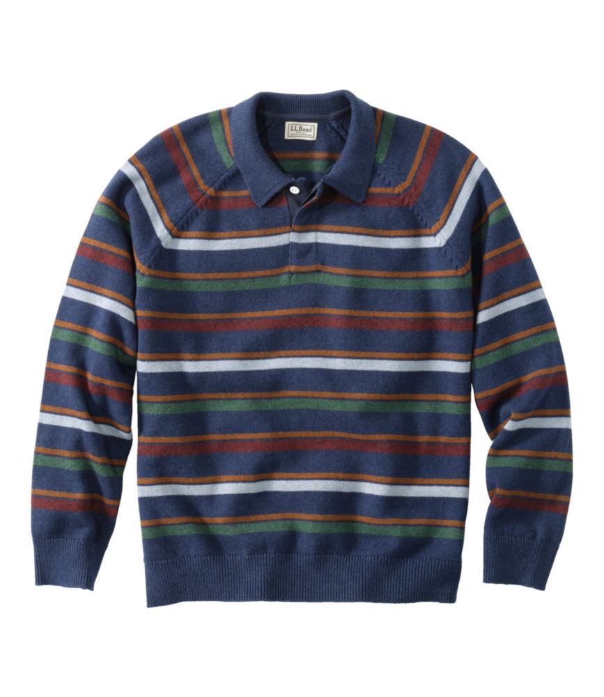 Men's Wicked Soft Cotton/Cashmere Sweater, Rugby Polo, Stripe, Bright Navy, small image number 1