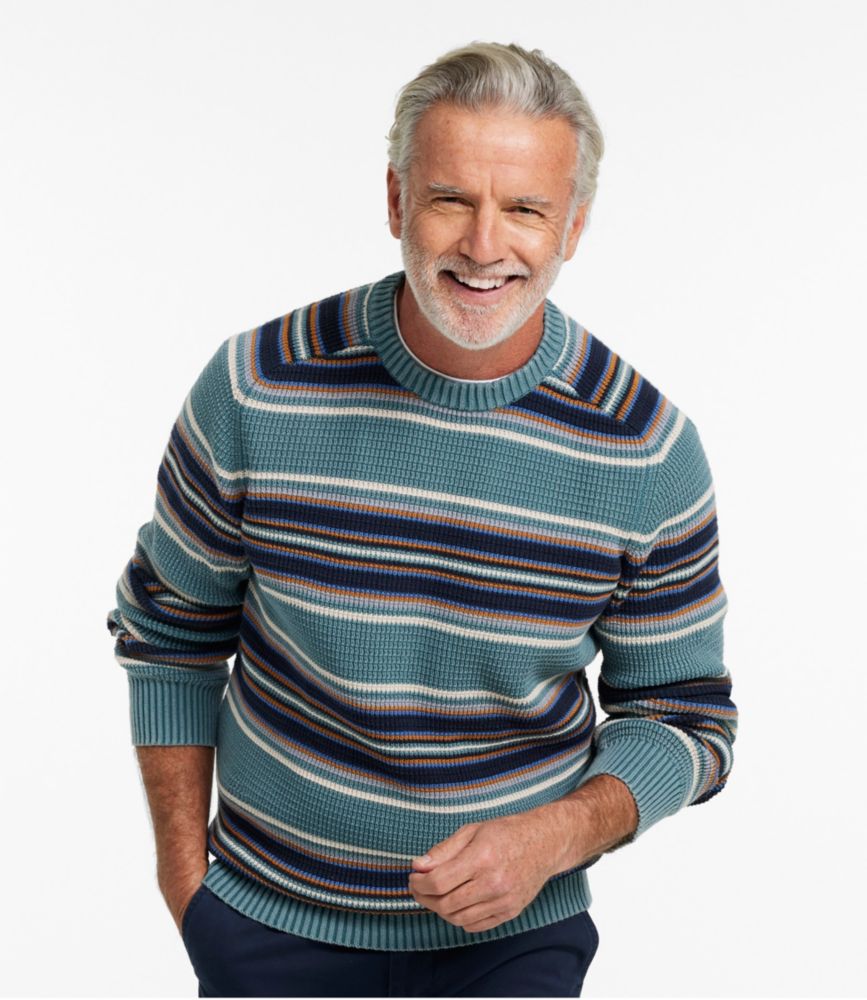 Men's Textured Washed Cotton Sweaters, Crewneck, Stripe, Classic Navy, small image number 2