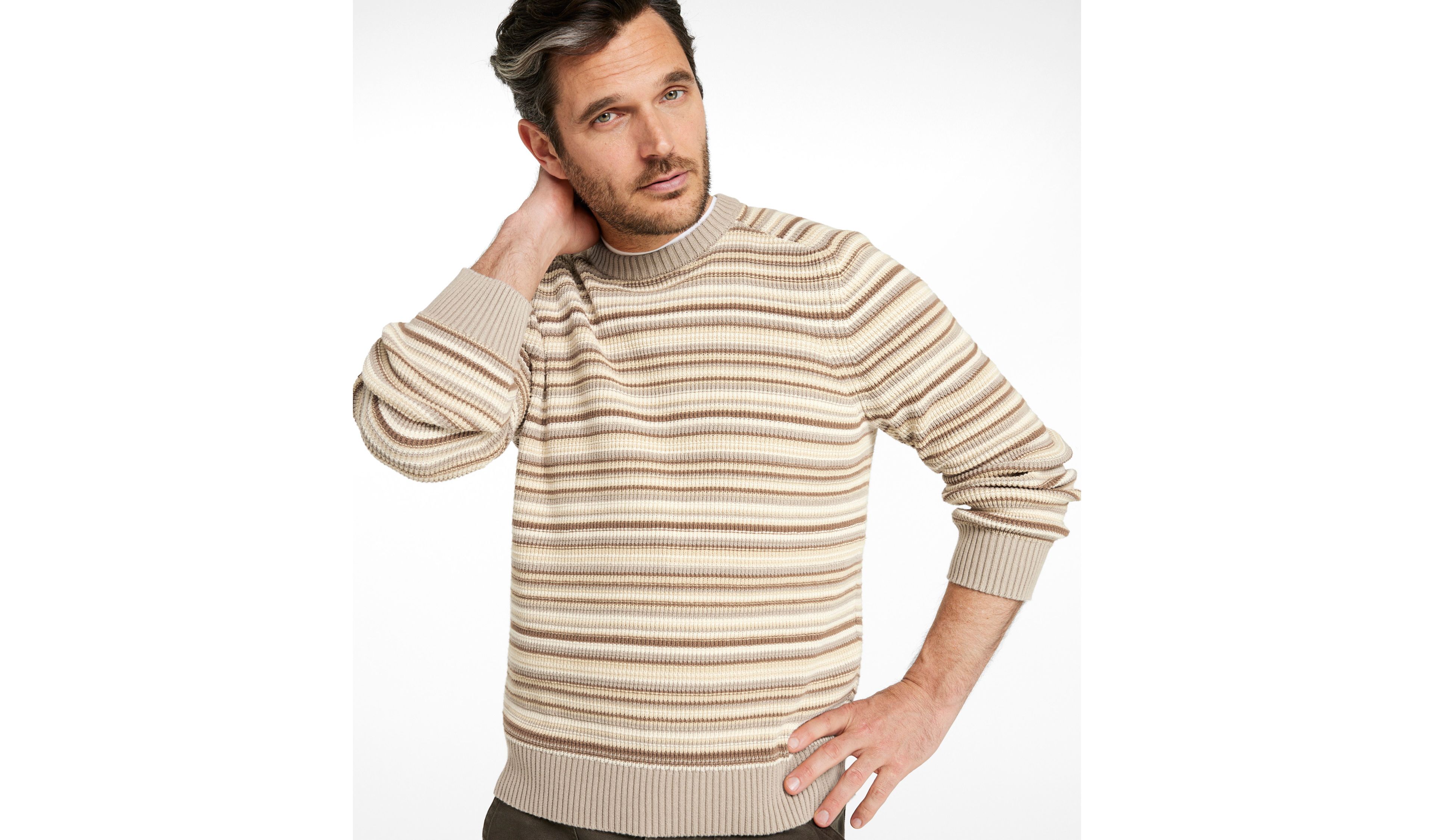Men's Sunwashed Textured Cotton Sweater, Crewneck, Stripe