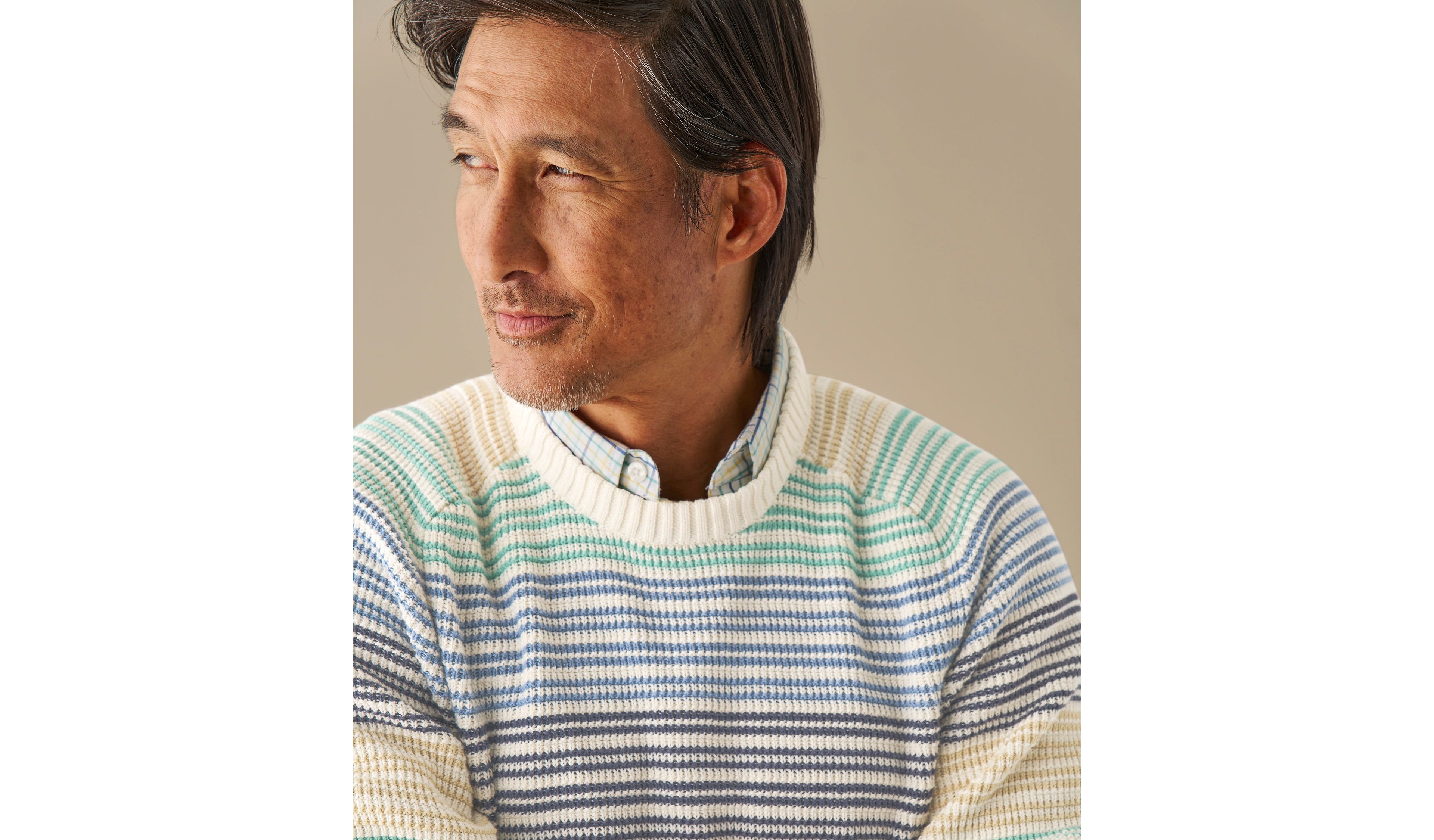 Men's Sunwashed Textured Cotton Sweater, Crewneck, Stripe