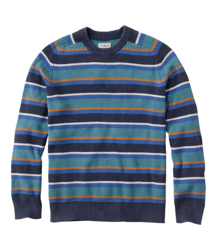 Men's Textured Washed Cotton Sweaters, Crewneck, Stripe, Classic Navy, small image number 1