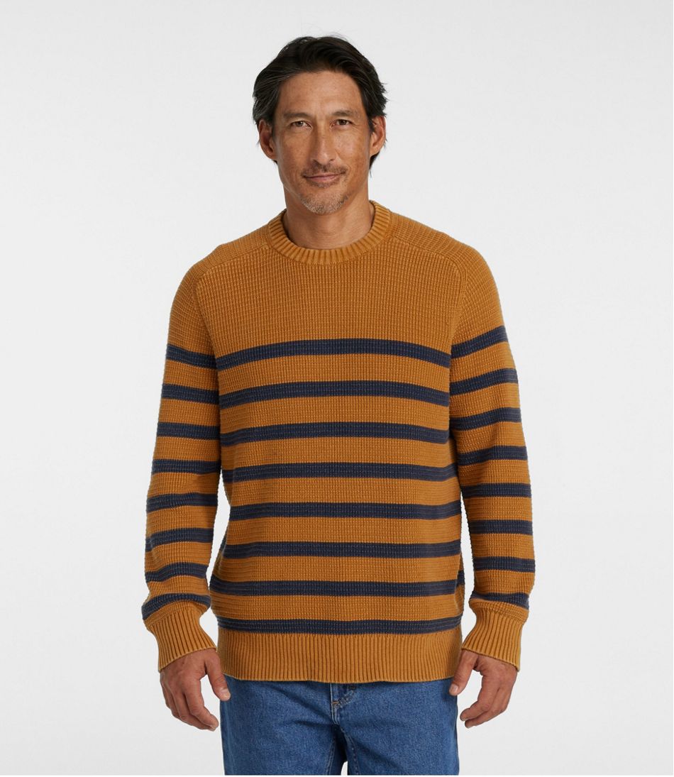 Men's Textured Washed Cotton Sweaters, Crewneck, Stripe