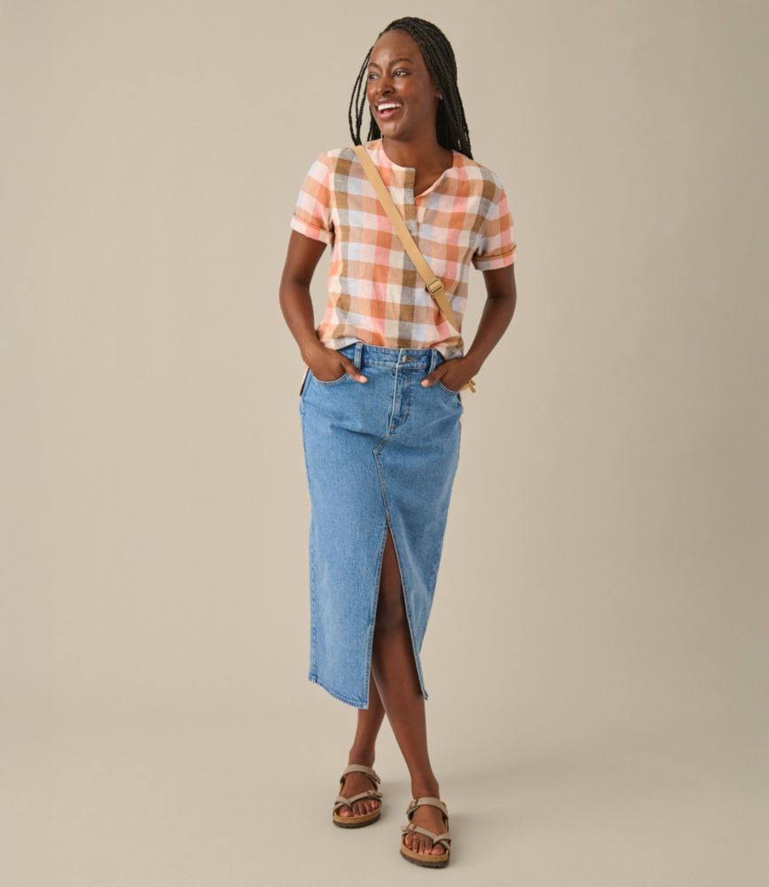 Women's Signature Linen-Blend Splitneck Shirt, Short-Sleeve, Indigo Ink/Sea Salt, small image number 7