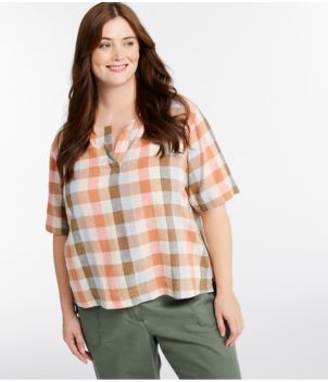 Women's Signature Linen-Blend Splitneck Shirt, Short-Sleeve
