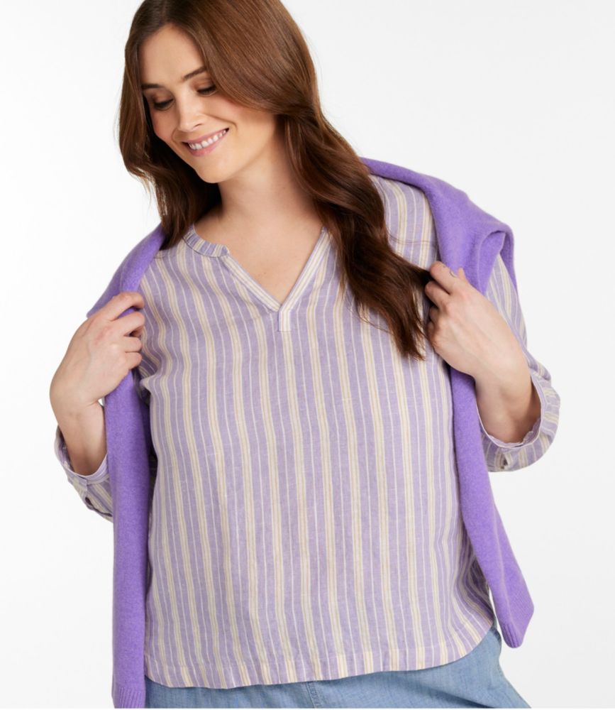 Women's Premium Washable Linen Shirt, Splitneck Stripe, Moonlight Blue Stripe, small image number 2