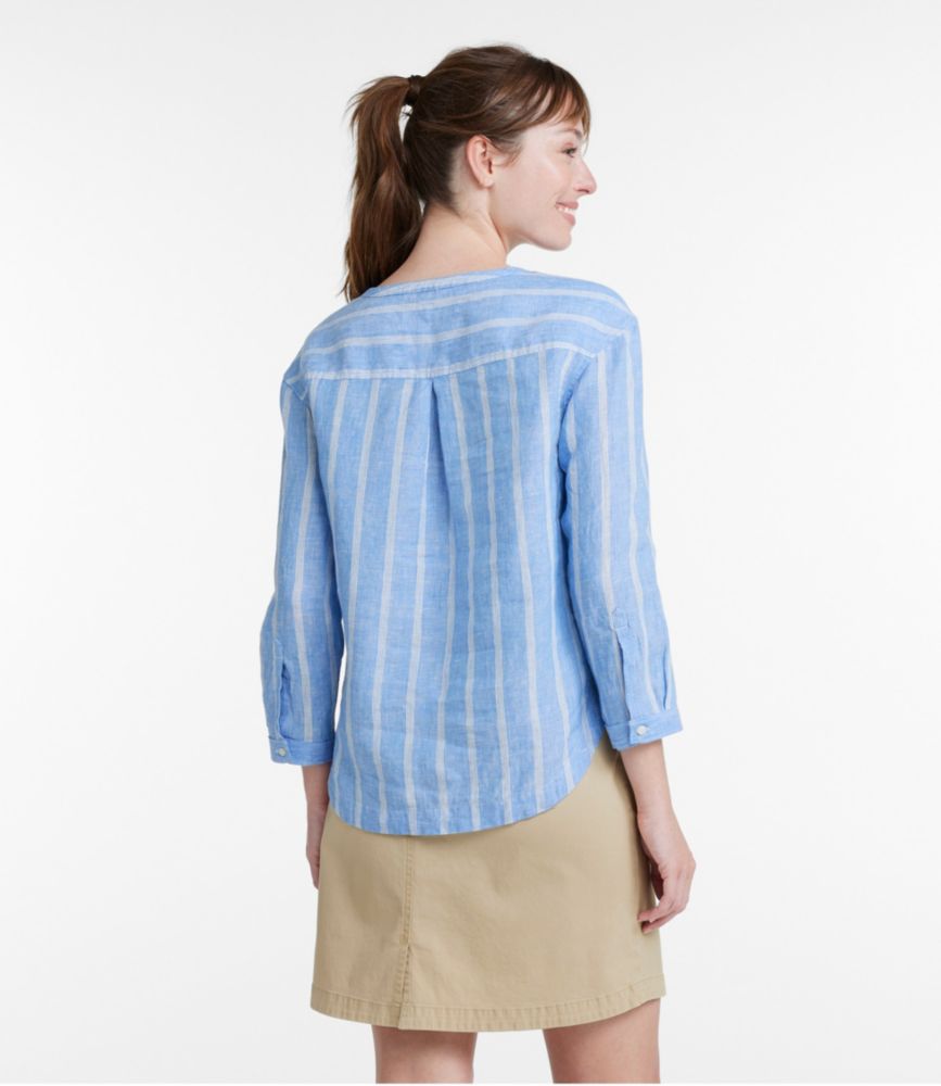 Women's Premium Washable Linen Shirt, Splitneck Stripe, Moonlight Blue Stripe, small image number 3