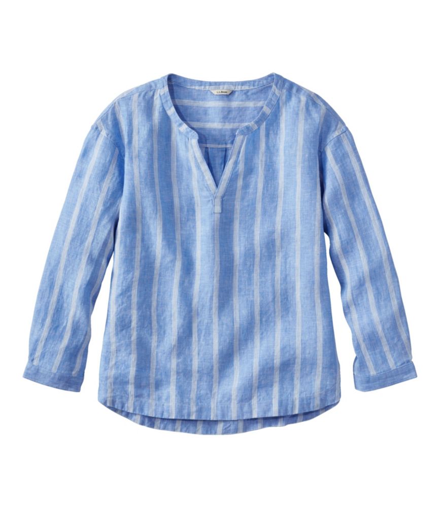 Women's Premium Washable Linen Shirt, Splitneck Stripe, Arctic Blue Stripe, small image number 1