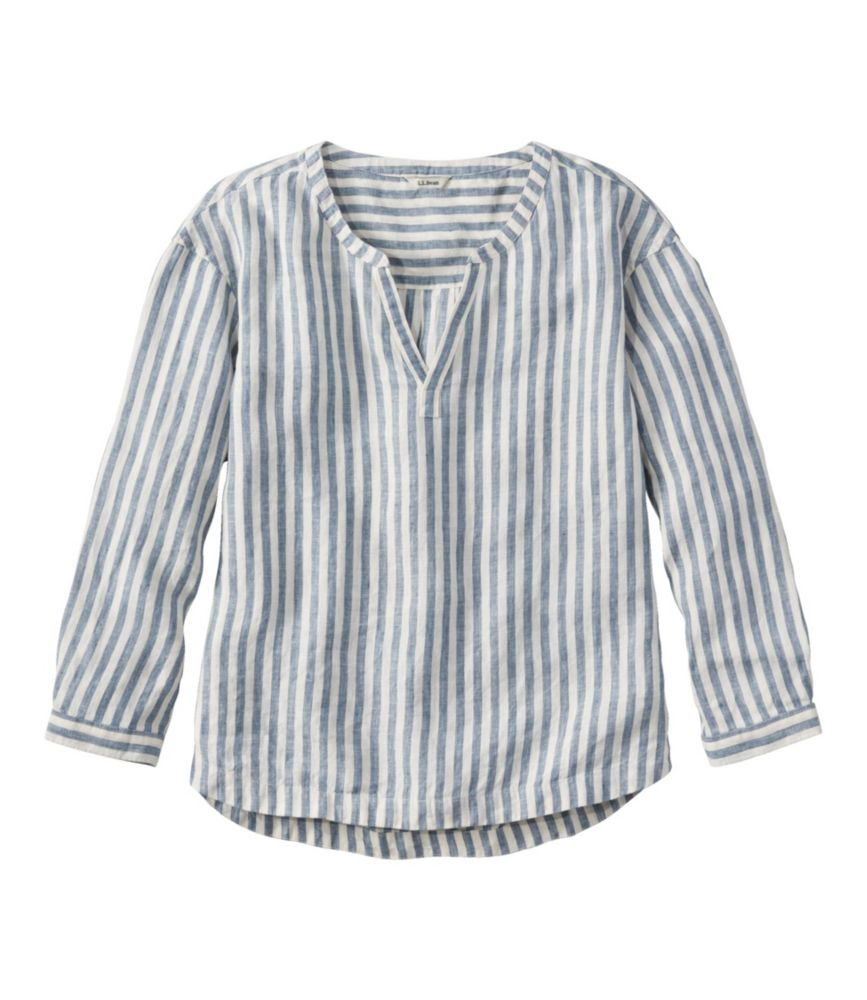 Women's Premium Washable Linen Shirt, Splitneck Stripe, Moonlight Blue Stripe, small image number 1