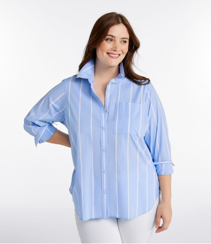 Women's Essential Cotton Poplin Shirt, Long-Sleeve, Brightwater Blue Stripe, small image number 6
