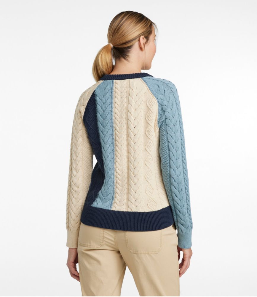 Women's Signature Classic Fisherman Sweater, Crewneck Colorblock, Beige/Cadet Blue/Navy, small image number 3