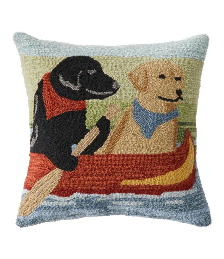 Indoor/Outdoor Hooked Pillow, Dogs in Canoe