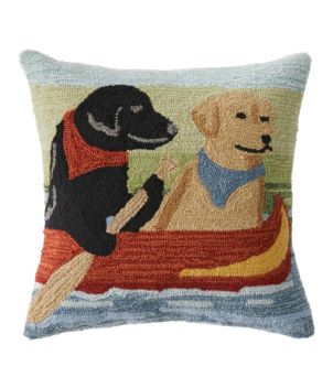 Indoor/Outdoor Hooked Pillow, Dogs in Canoe