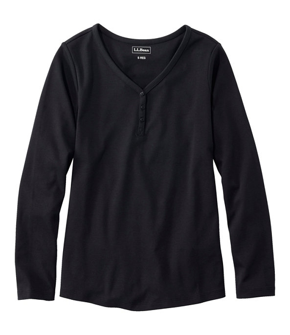 Interlock V-Neck Henley, Long Sleeve, Black, large image number 0