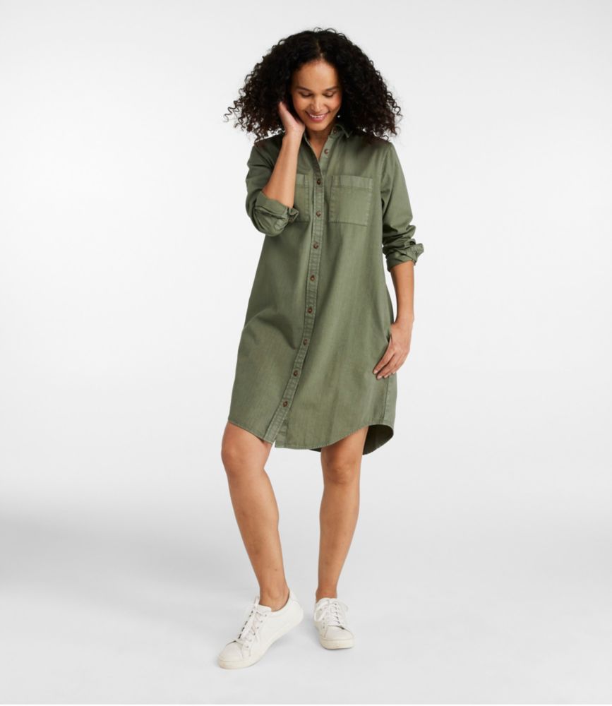 Women's L.L. Bean Heritage Washed Denim Shirt Dress, Garment-Dye, Deep Olive, small image number 2