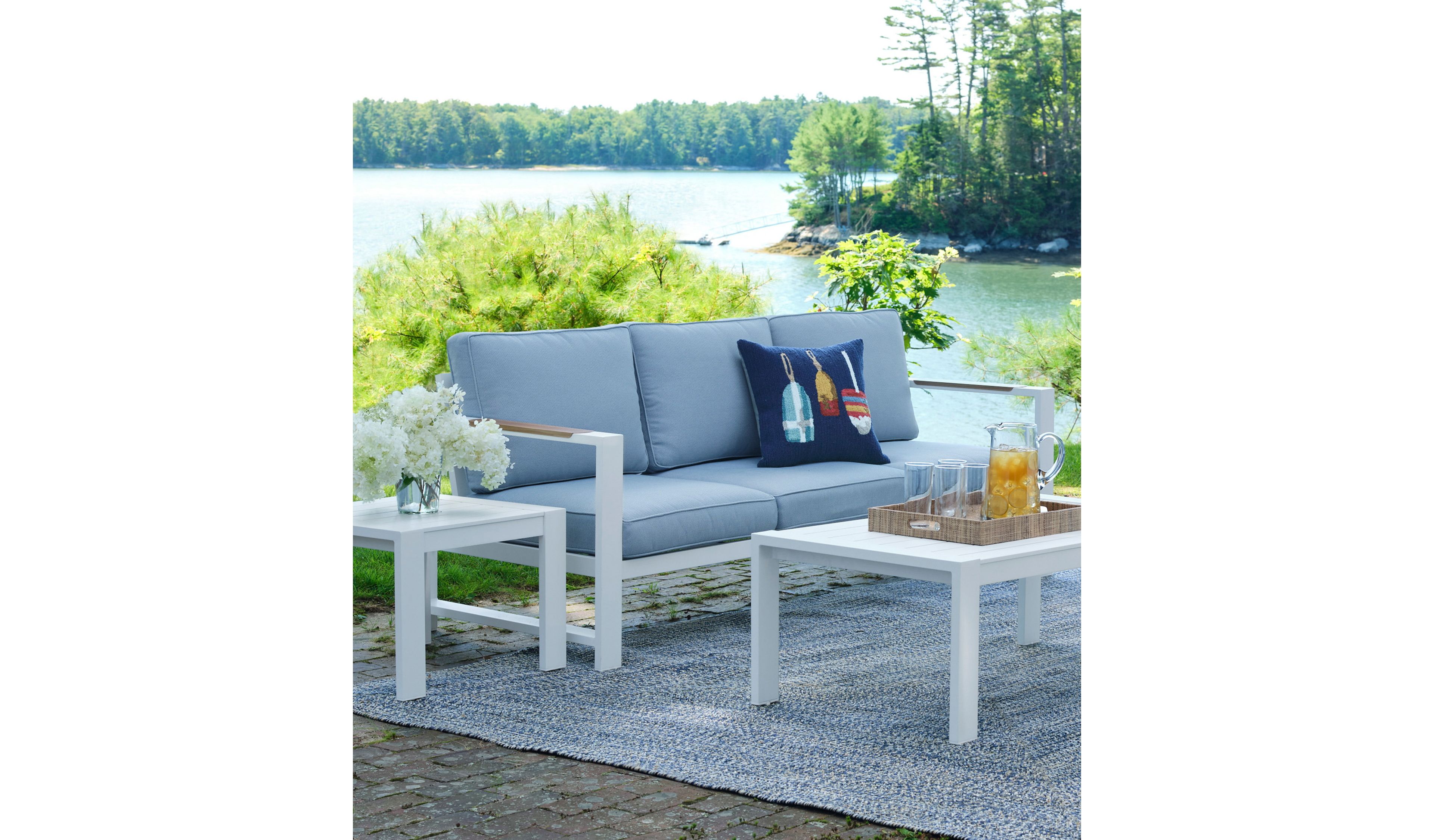 White Aluminum Deep Seating Sofa with Blue Cushions