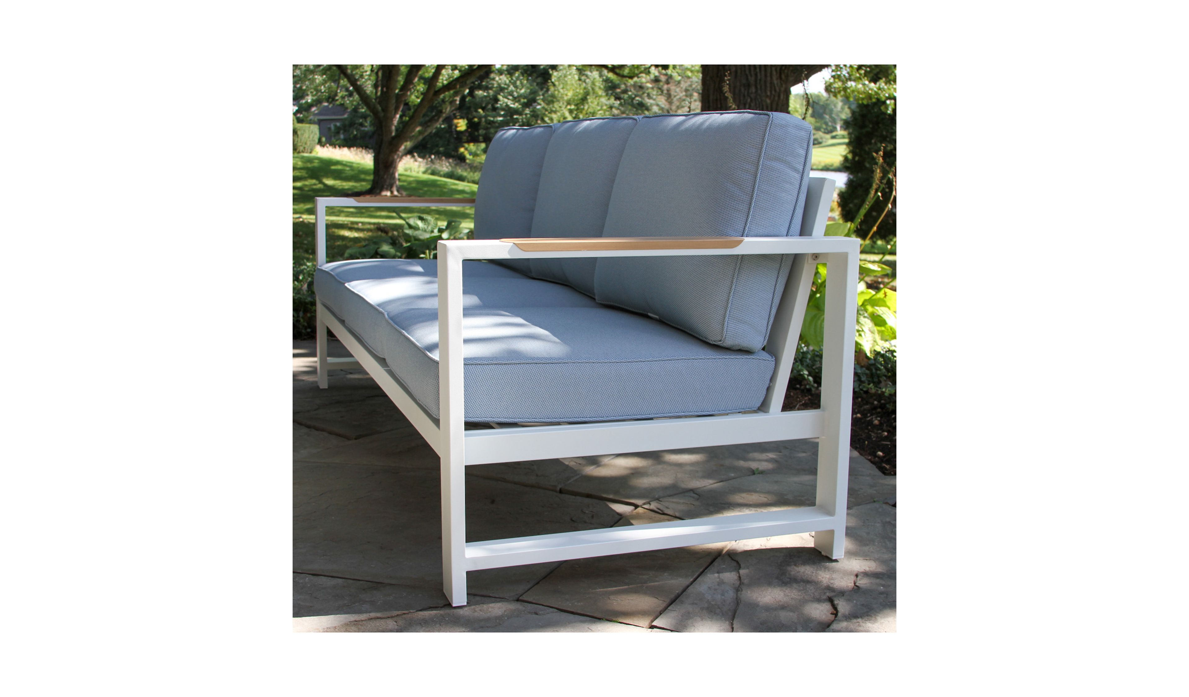 White Aluminum Deep Seating Sofa with Blue Cushions