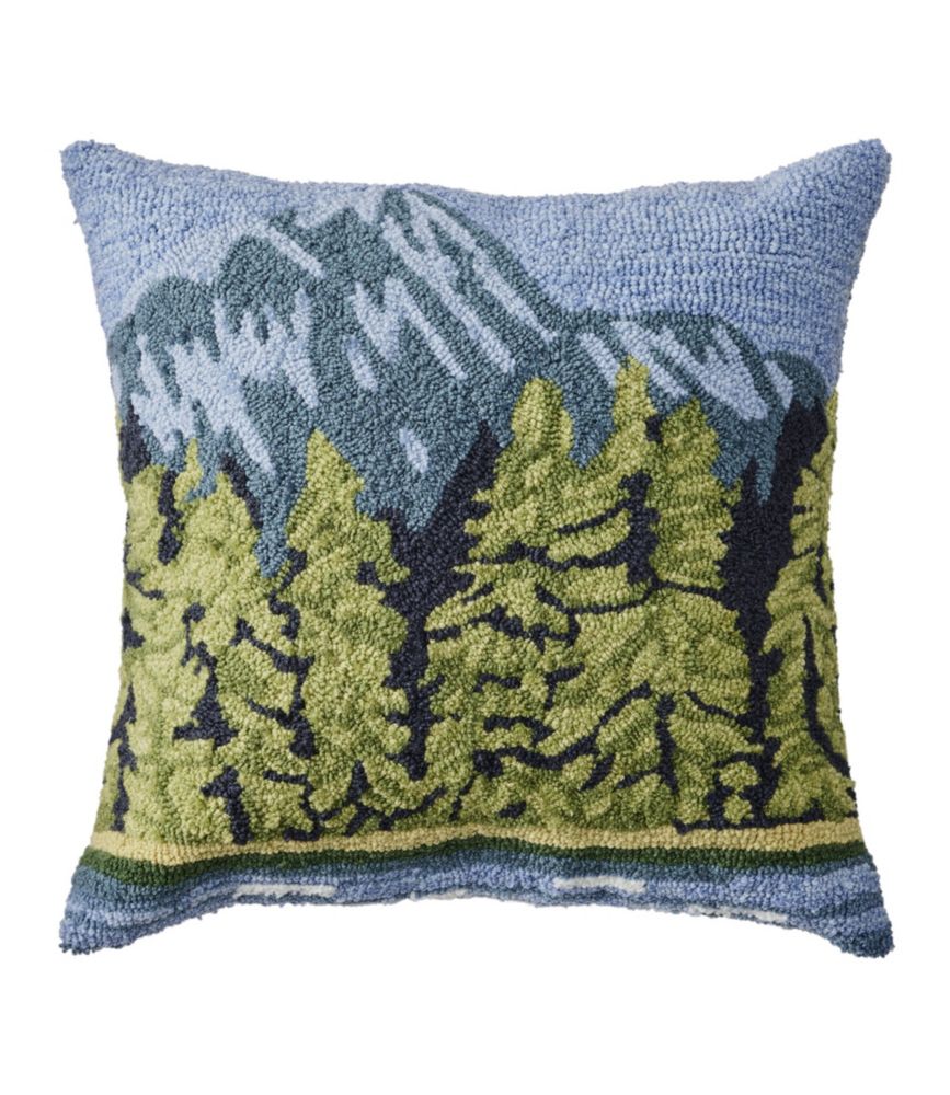 Indoor/Outdoor Hooked Pillow, Lakeside Mountain Scene