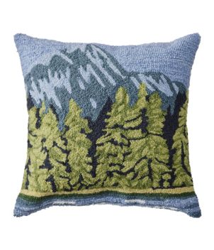 Indoor/Outdoor Hooked Pillow, Lakeside Mountain Scene, New