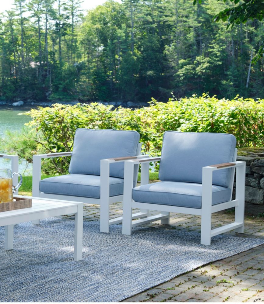 White Aluminum Deep Seating Armchair with Blue Cushions, Set of Two