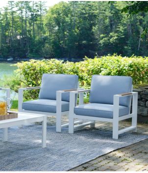 White Aluminum Deep Seating Armchair with Blue Cushions, Set of Two