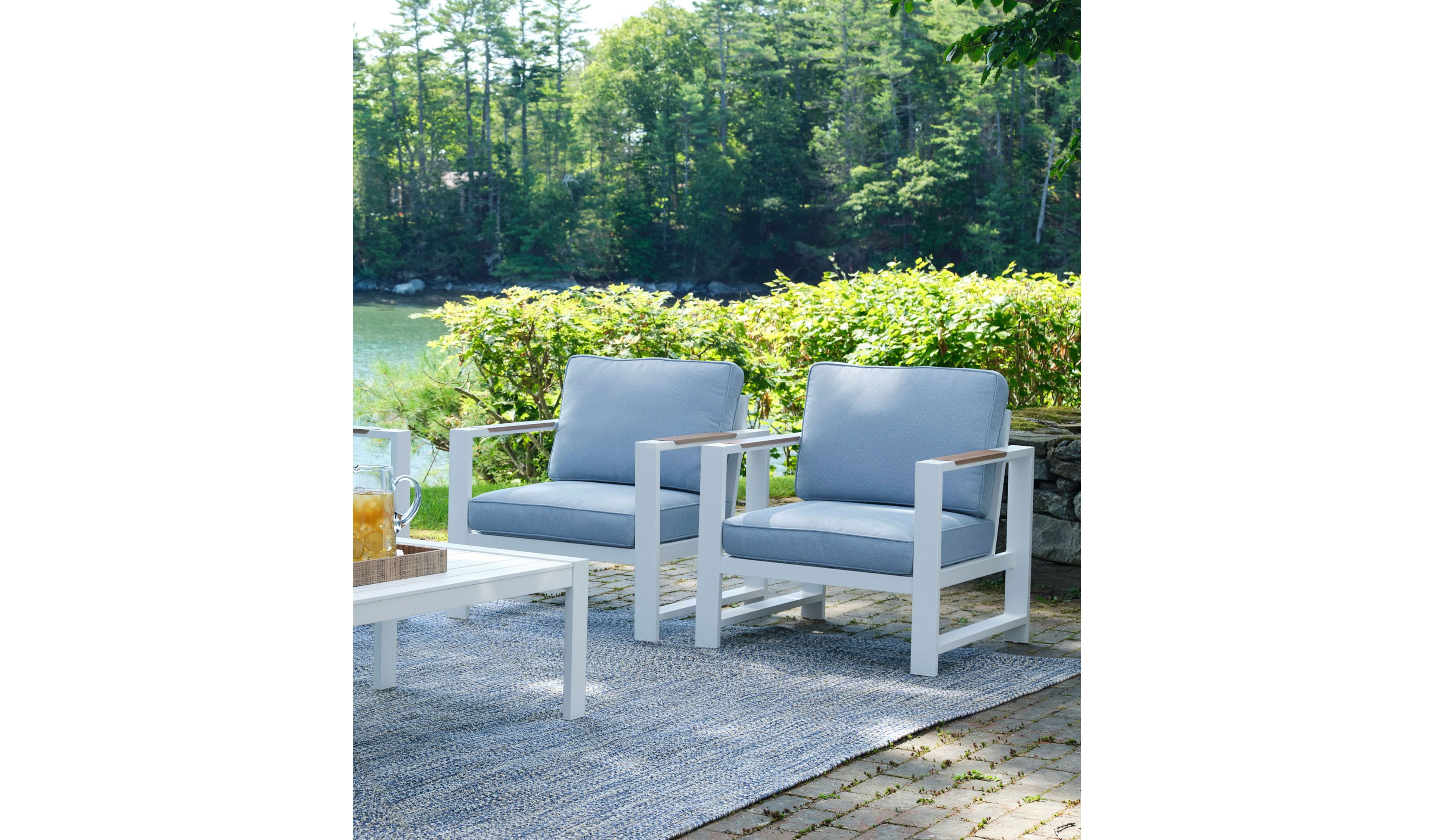White Aluminum Deep Seating Armchair with Blue Cushions, Set of Two