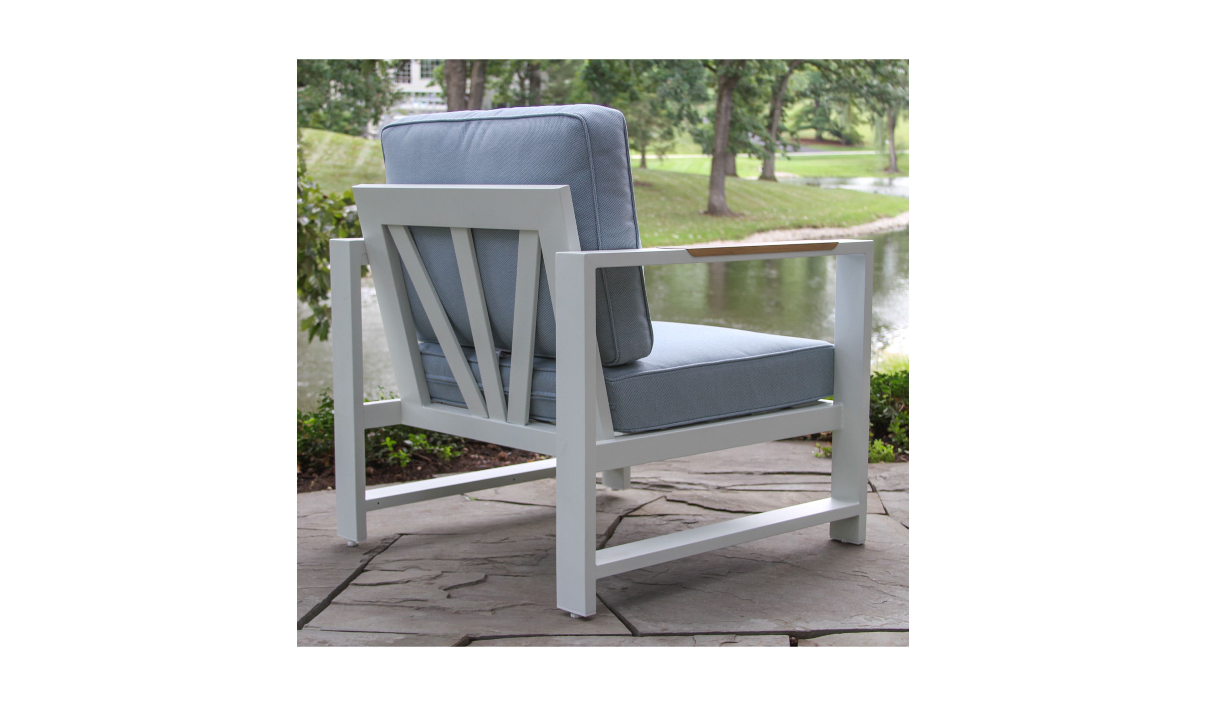 White Aluminum Deep Seating Armchair with Blue Cushions, Set of Two