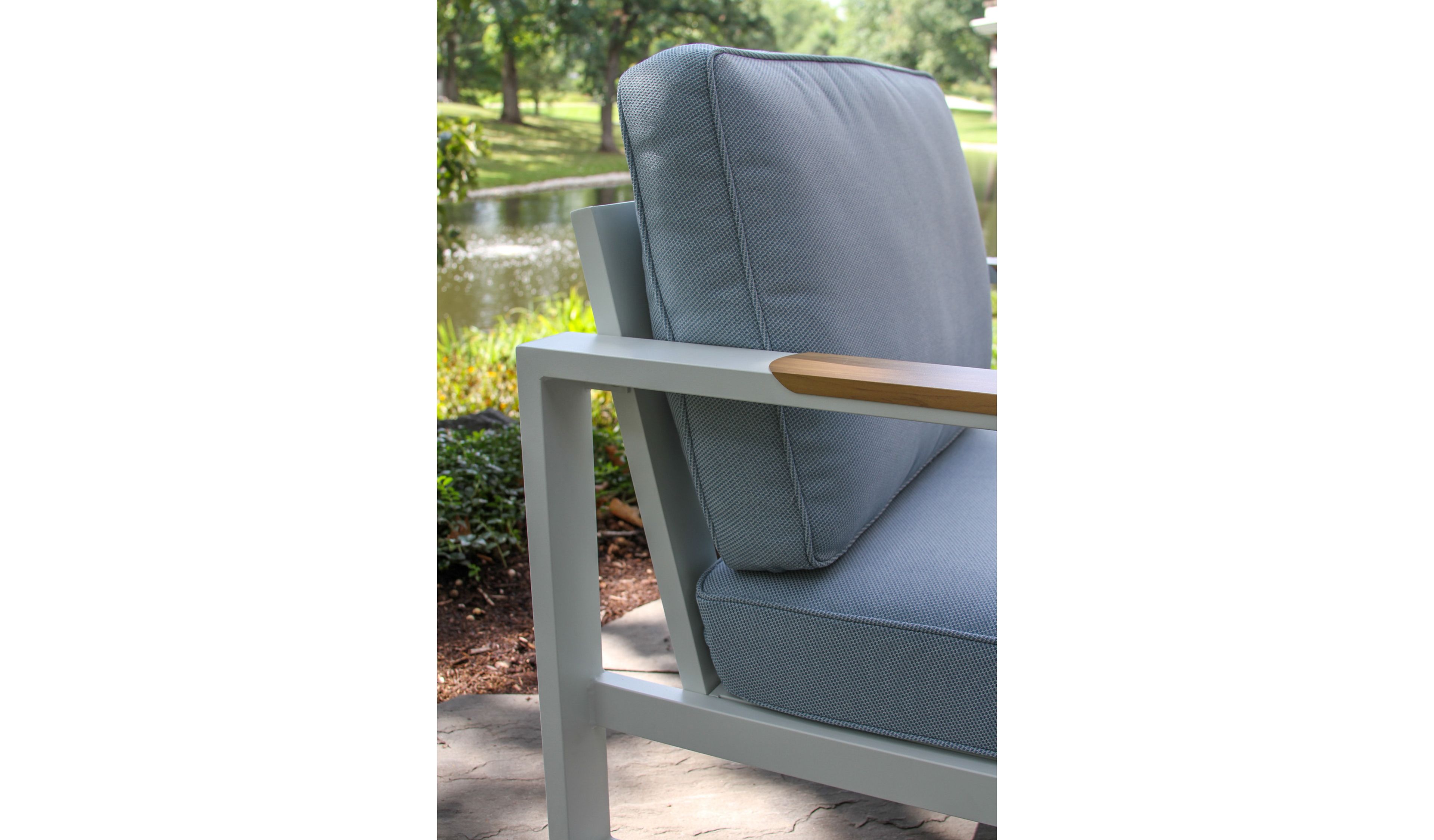 White Aluminum Deep Seating Armchair with Blue Cushions, Set of Two
