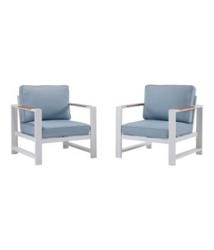 White Aluminum Deep Seating Armchair with Blue Cushions, Set of Two