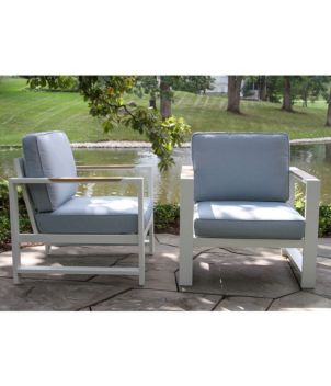 White Aluminum Deep Seating Armchair with Blue Cushions, Set of Two