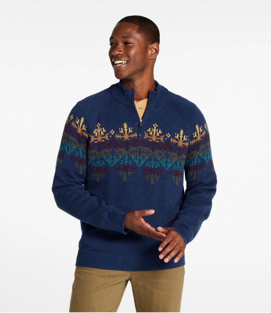 Men's Wicked Soft Cotton/Cashmere Sweater, 1/4 Zip, Pattern, Classic Navy Fair Isle, small image number 2